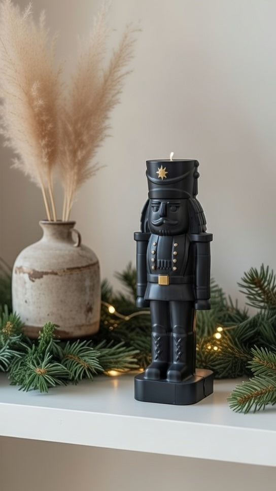 Decorative shelf with a nutcracker, pampas grass, and greenery.