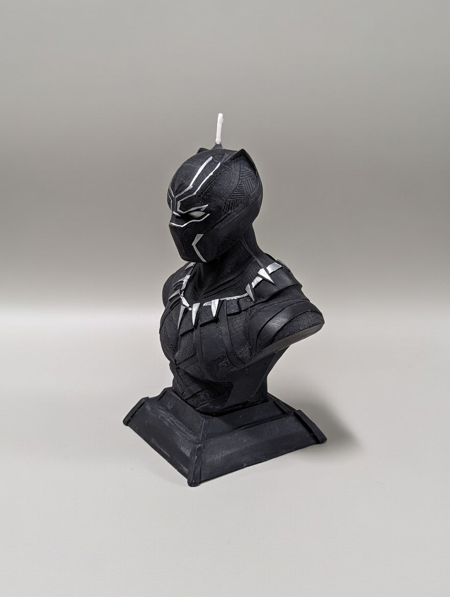Black Panther bust candle on a gray background