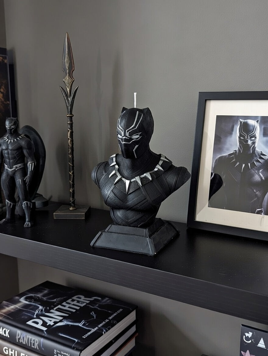 Black Panther bust on a shelf with books and a framed picture in the background