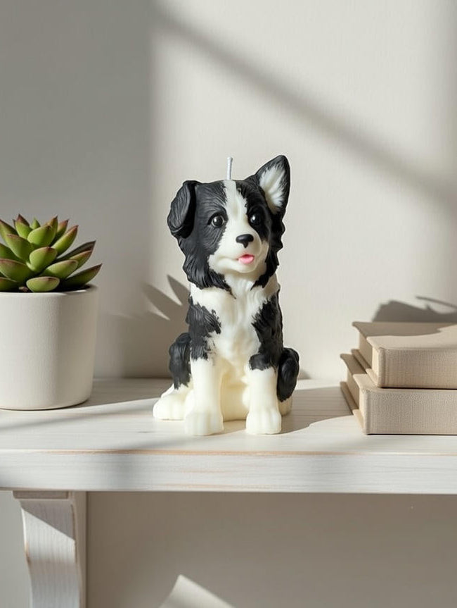 Black and white border collie puppy candle on a white shelf with books and a small plant 