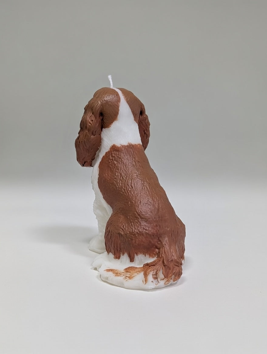 back side of a King Charles Cavalier candle on a light grey backdrop