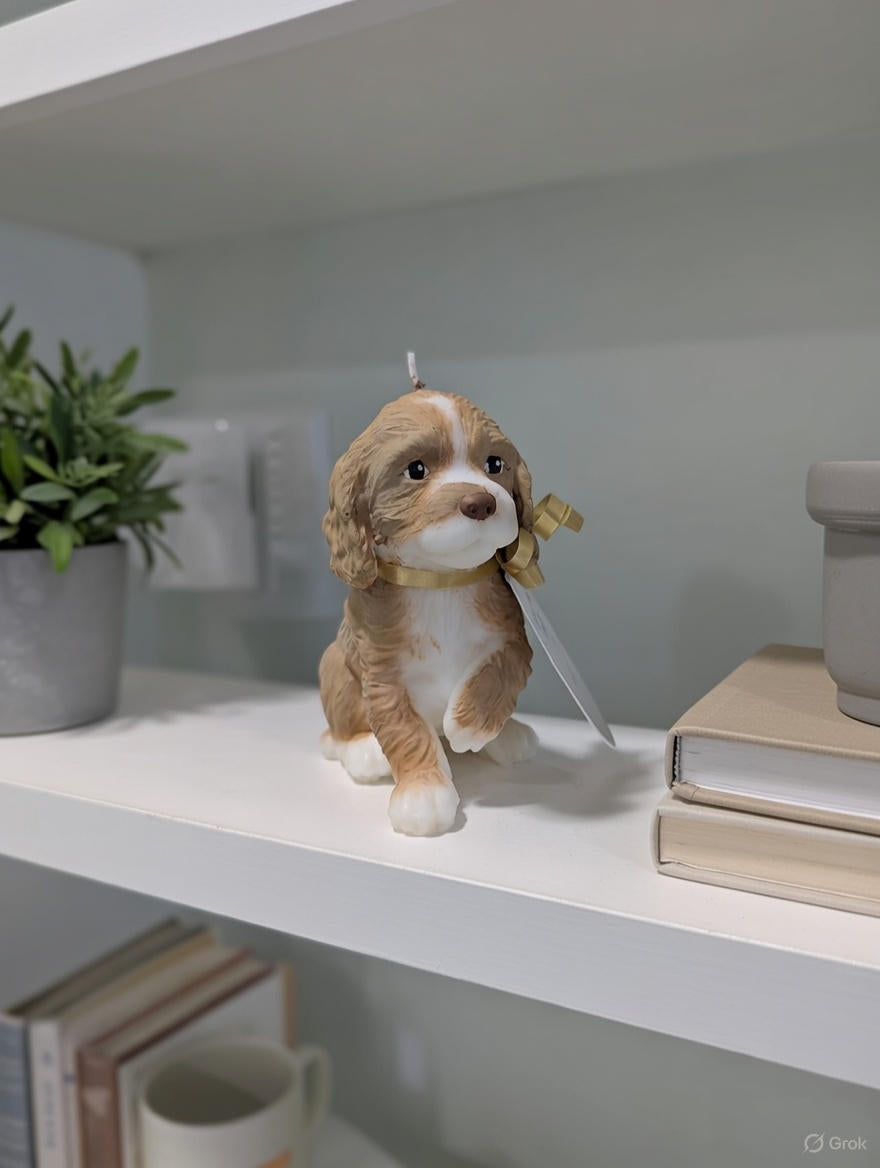 Blonde and white Cocker Spaniel puppy sitting on a white shelf