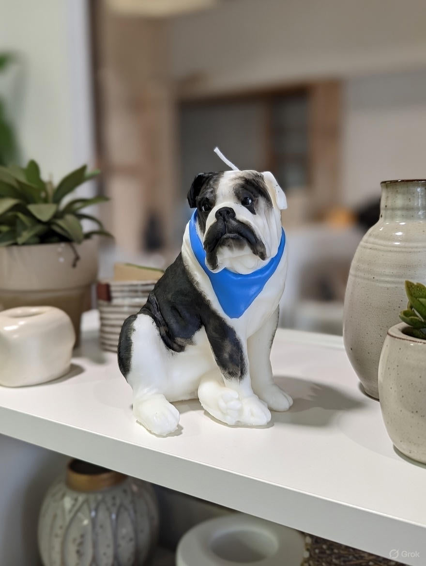White and Black English Bulldog with Blue scarf