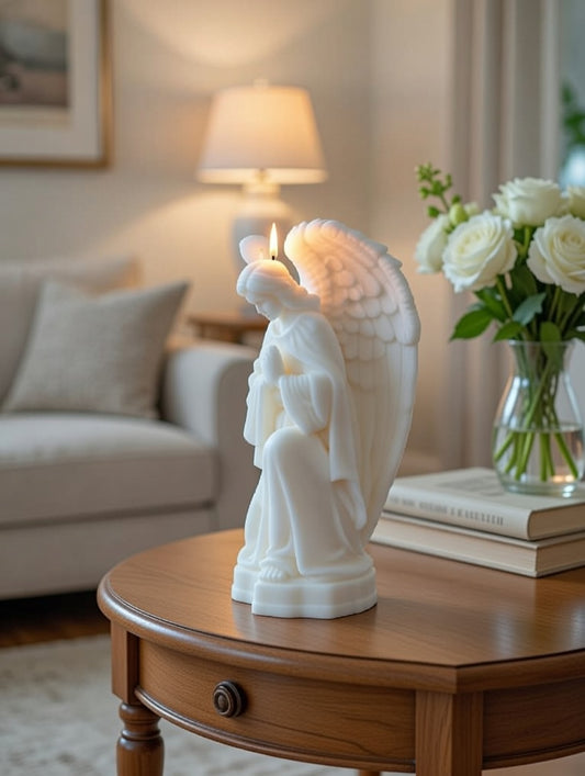 White angel candle holder on a wooden table with a blurred living room background