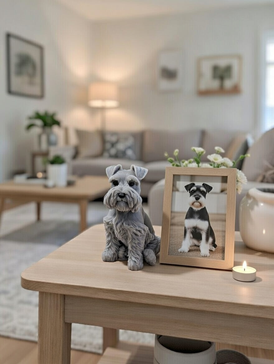 Grey Schnauzer candle on a light wood table with a portrait of a Schnauzer