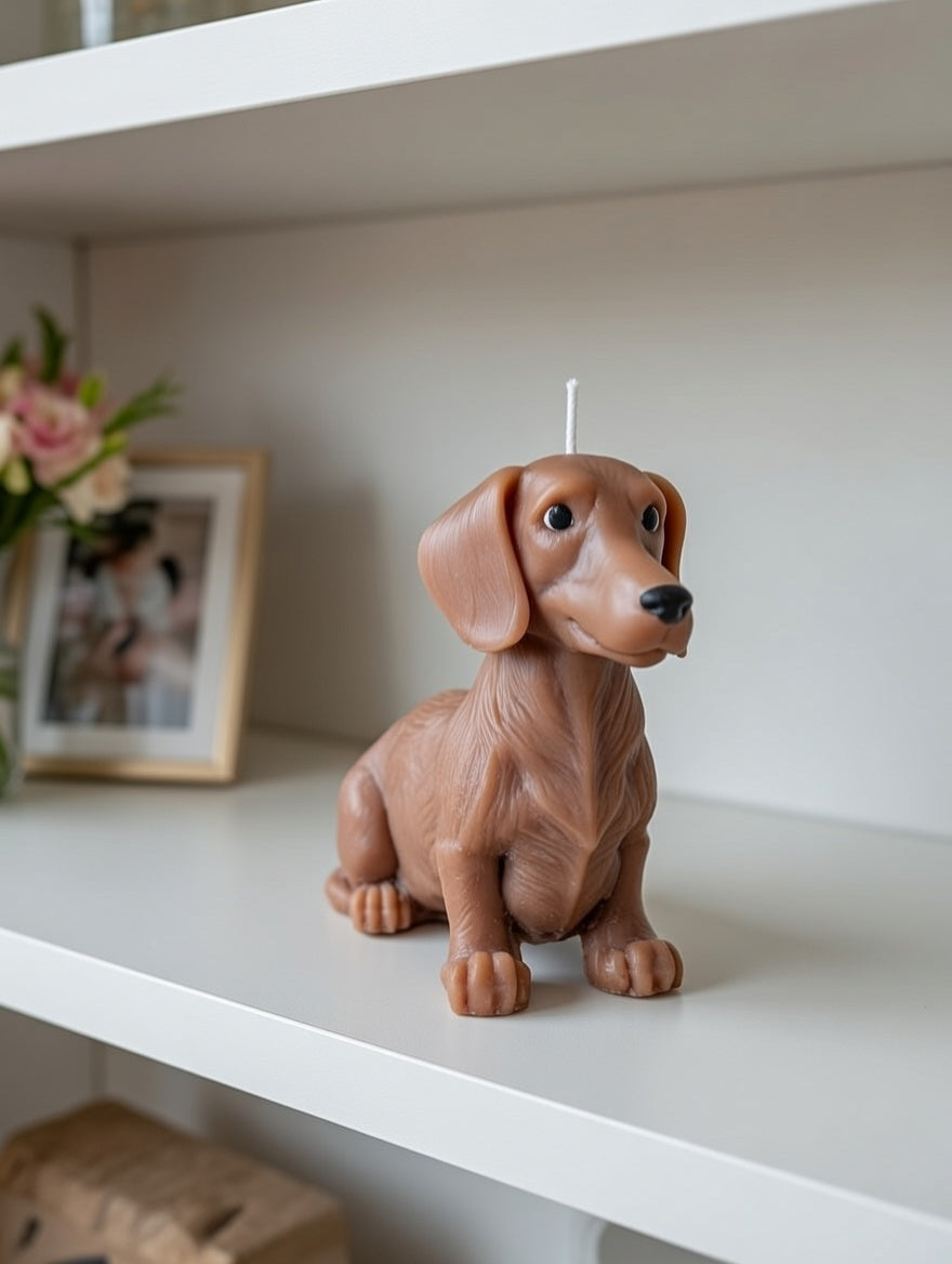 Dachshund-shaped candle on a white shelf with a blurred background