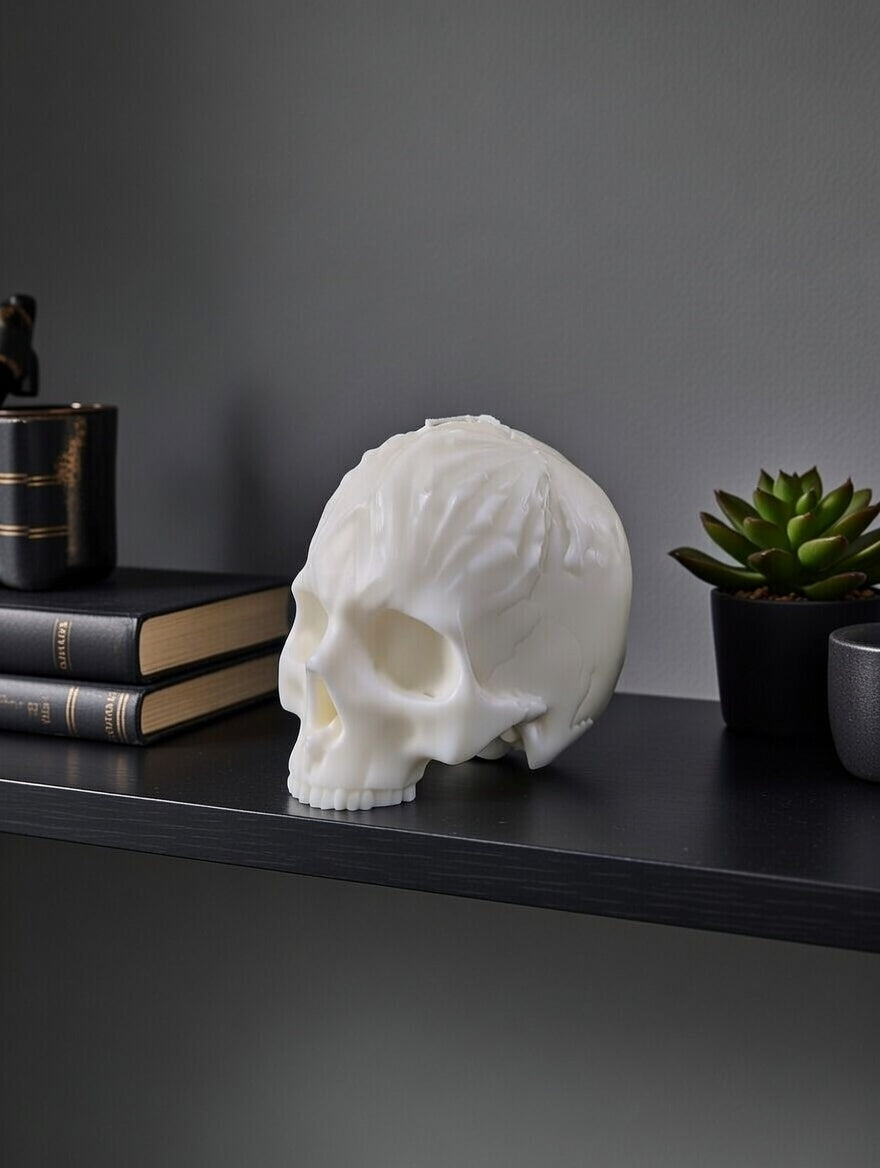 White skull sitting on a black shelf with similar decor items